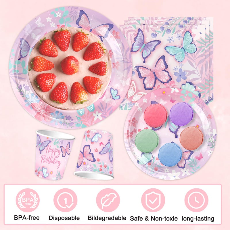 Bolake Butterfly Birthday Party Supplies Decorations Tableware Set Serves 25 Butterfly Disposable Paper Plates Napkins, Cups, Cake Toppers Tablecloth, Banner, and Balloons for Butterfly Decorations - Image 5